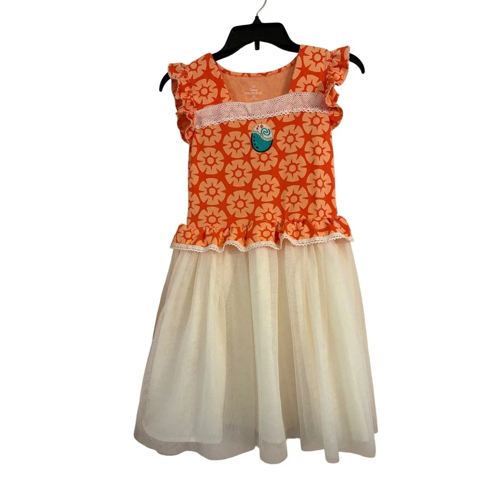 Disney Princess Moana Dress Girls Large 10/12 Orange Tulle Flutter Sleeve Lace